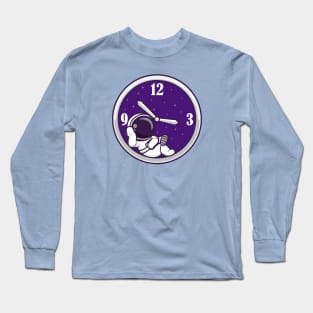 Cute Astronaut Relaxing In Clock Cartoon Long Sleeve T-Shirt